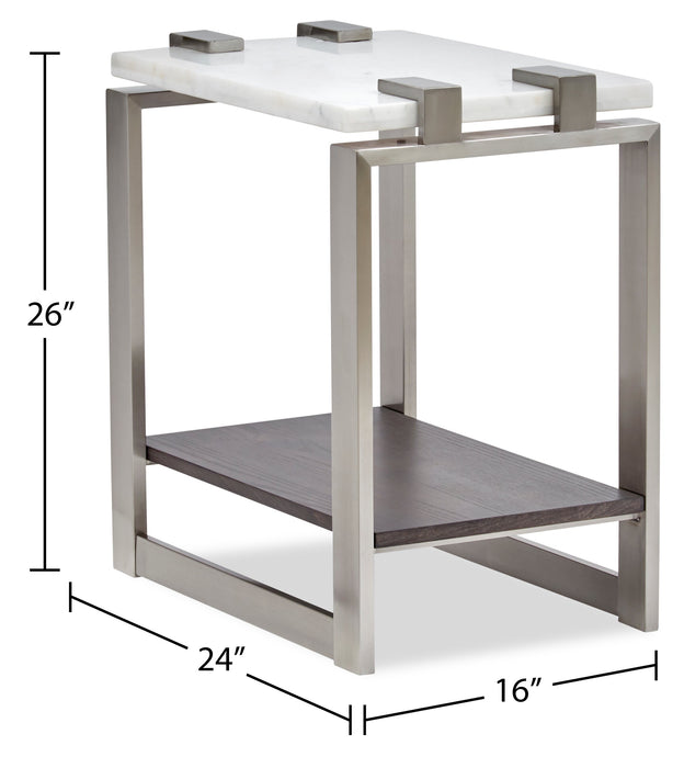 Paradox 16\" Modern Chairside Table with Shelf - White Marble Top with Brushed Platinum Frame