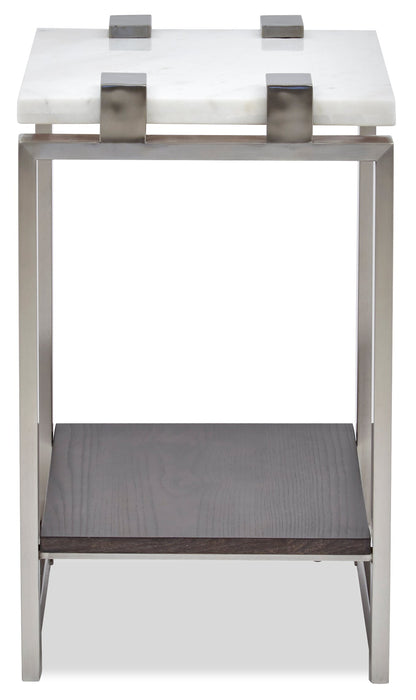 Paradox 16\" Modern Chairside Table with Shelf - White Marble Top with Brushed Platinum Frame