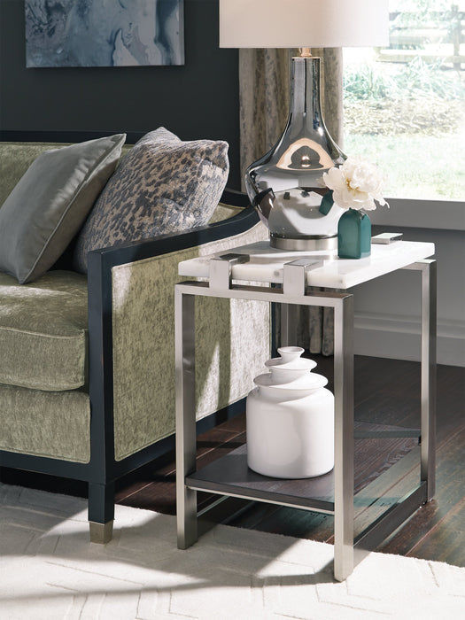 Paradox 16\" Modern Chairside Table with Shelf - White Marble Top with Brushed Platinum Frame