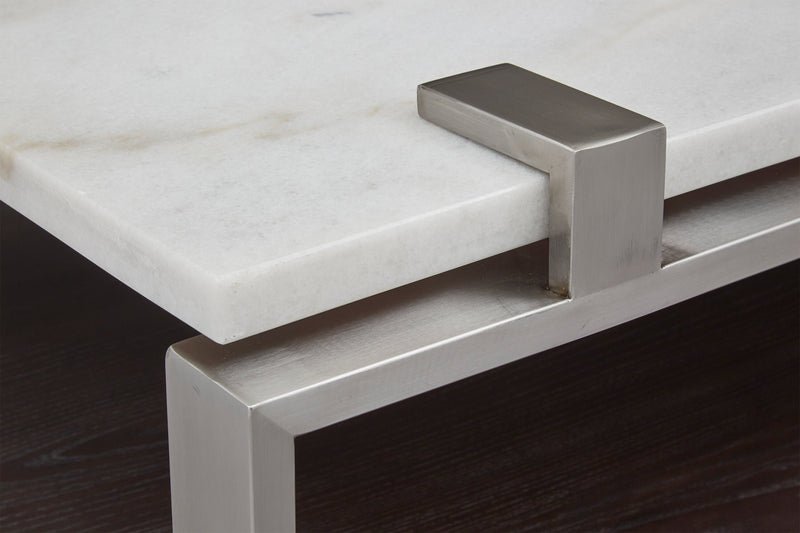 Paradox 48\" Modern Coffee Table with Shelf - White Marble Top with Brushed Platinum Frame