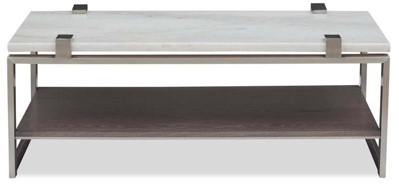 Paradox 48\" Modern Coffee Table with Shelf - White Marble Top with Brushed Platinum Frame