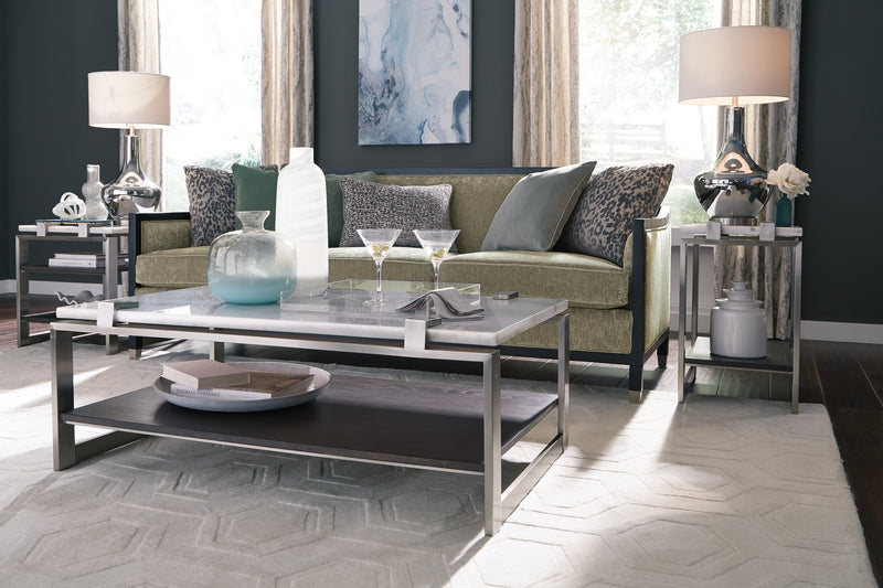 Paradox 48\" Modern Coffee Table with Shelf - White Marble Top with Brushed Platinum Frame