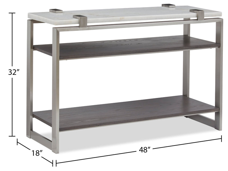 Paradox 48\" Modern Sofa Table with Shelf - White Marble Top with Brushed Platinum Frame