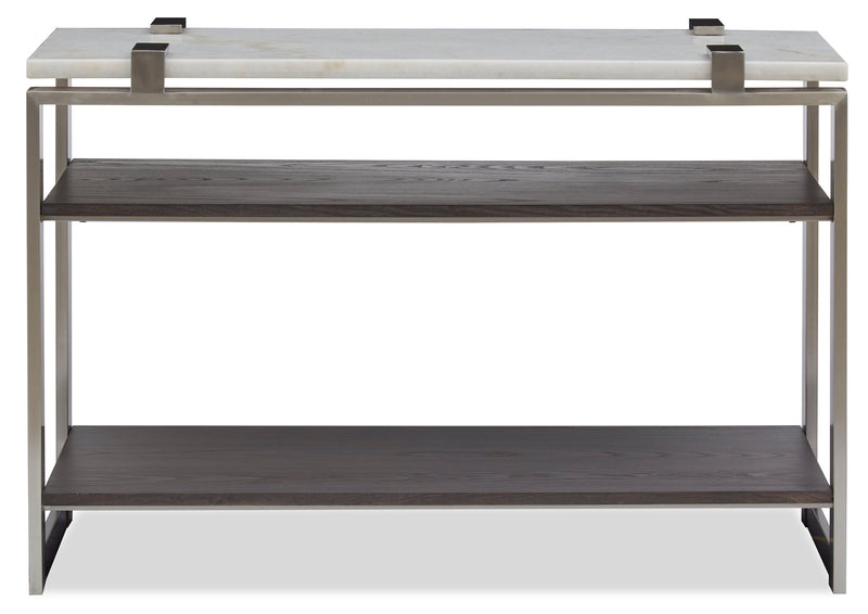Paradox 48\" Modern Sofa Table with Shelf - White Marble Top with Brushed Platinum Frame