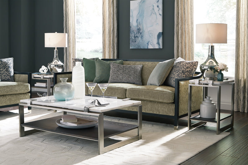 Paradox 48\" Modern Sofa Table with Shelf - White Marble Top with Brushed Platinum Frame