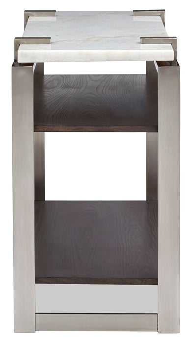 Paradox 48\" Modern Sofa Table with Shelf - White Marble Top with Brushed Platinum Frame