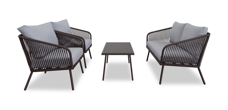 Porto 4-Piece Outdoor Patio Conversation Set with Loveseat, 2 Chairs & Coffee Table - Rope-like Wicker & Metal, UV & Weather Resistant - Black/Grey