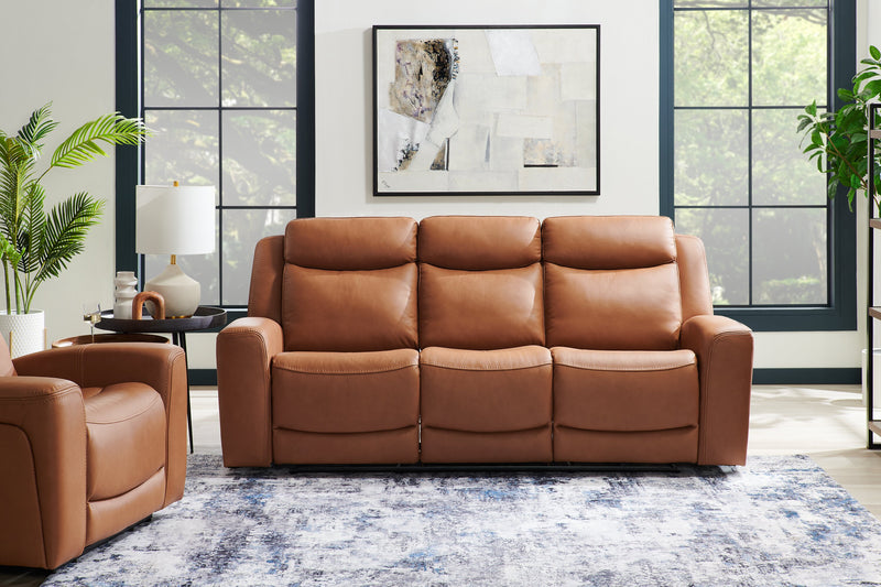 Scott Living Prescott 88.5\" Genuine Leather Power Reclining Sofa with Power Headrests - Butternut Brown