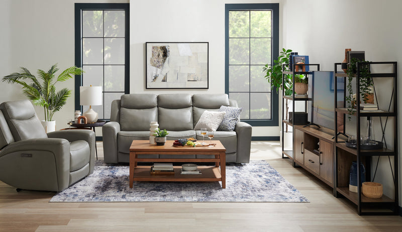 Scott Living Prescott 88.5\" Genuine Leather Power Reclining Sofa with Power Headrests - Grey