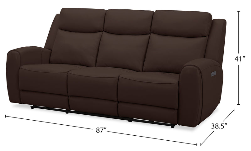 Reign 87\" Top-Grain Genuine Leather Power Reclining Sofa with USB Ports - Silverado Chocolate Brown