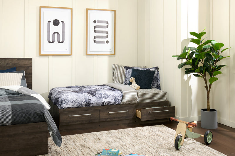 Riley Mates Bed with 3-Drawer Storage for Kids, Made in Canada, Grey - Twin Size