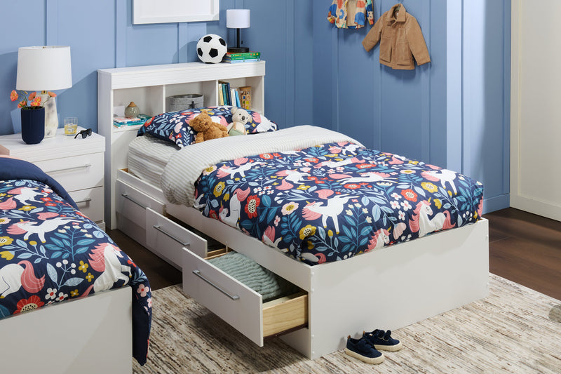 Riley Mates Bed with Bookcase Headboard Set for Kids, Made in Canada, White - Twin Size