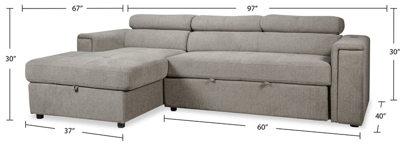 Savvy 2-Piece Left-Facing Linen-Look Fabric Sleeper Sectional with Storage Chaise and Adjustable Headrests - Grey