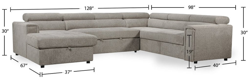 Savvy 3-Piece Left-Facing Linen-Look Fabric Sleeper Sectional with Storage Chaise and Adjustable Headrests - Grey