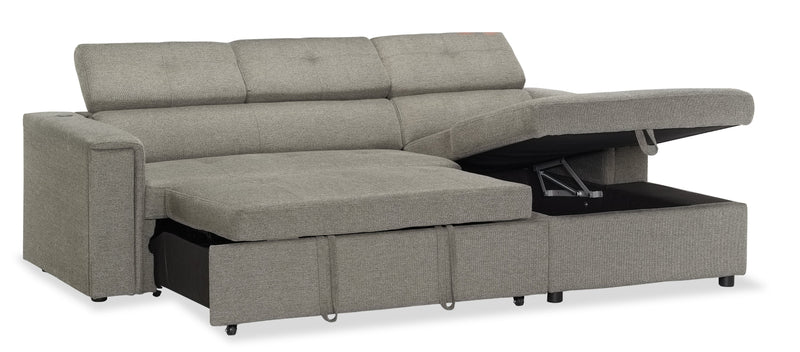Savvy 2-Piece Right-Facing Linen-Look Fabric Sleeper Sectional with Storage Chaise and Adjustable Headrests - Grey