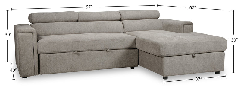 Savvy 2-Piece Right-Facing Linen-Look Fabric Sleeper Sectional with Storage Chaise and Adjustable Headrests - Grey