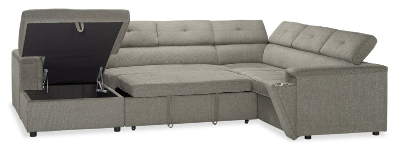 Savvy 3-Piece Left-Facing Linen-Look Fabric Sleeper Sectional with Storage Chaise and Adjustable Headrests - Grey