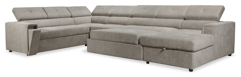 Savvy 5-Piece Right-Facing Linen-Look Fabric Sleeper Sectional with Storage Chaise and Adjustable Headrests - Grey
