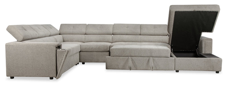 Savvy 5-Piece Right-Facing Linen-Look Fabric Sleeper Sectional with Storage Chaise and Adjustable Headrests - Grey