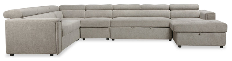 Savvy 5-Piece Right-Facing Linen-Look Fabric Sleeper Sectional with Storage Chaise and Adjustable Headrests - Grey