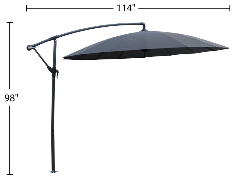 Shanghai Outdoor Patio Umbrella with Base - 114\" W x 75\"H, Weather Resistant Aluminum & Fibreglass, Hand Crank, Water/Sand Fill Attachable Base - Charcoal