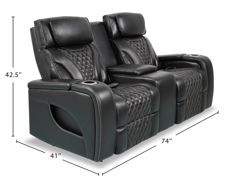 Elite 74\" Genuine Leather Massage Power Reclining Loveseat with Power Headrests and Storage Arms - Black