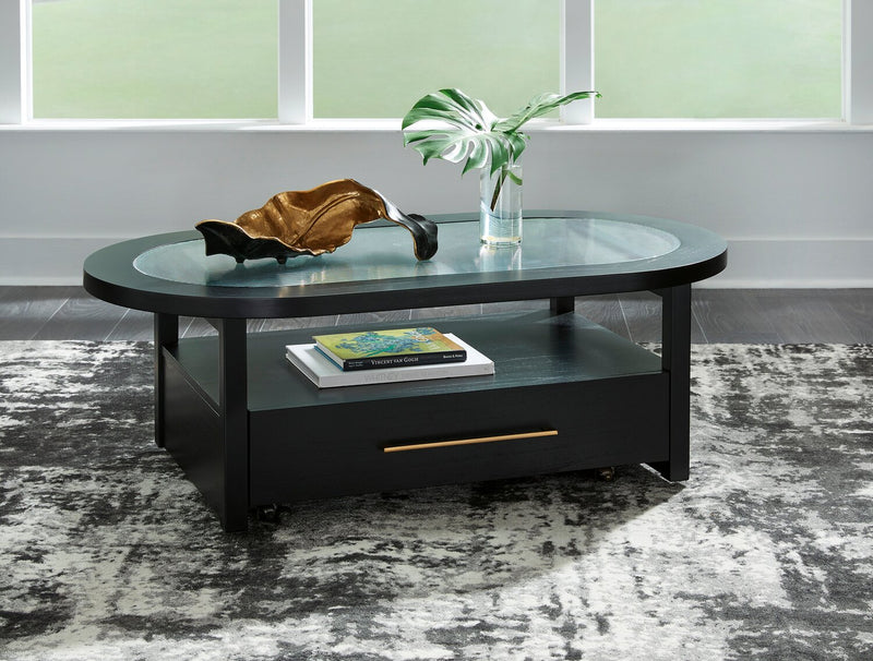 Julian 52” Contemporary Glass Coffee Table with Storage and Casters - Black