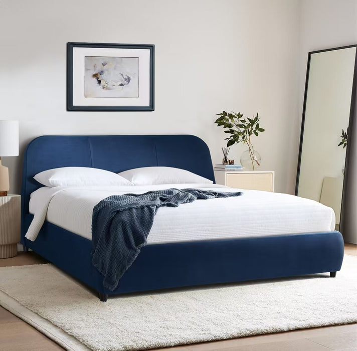 Mave Upholstered Platform Bed in Blue Velvet Fabric - King Size