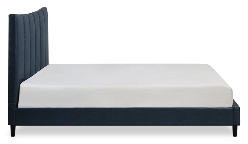 Paseo Platform Bed in Navy Vegan-Leather Fabric - Queen Size 