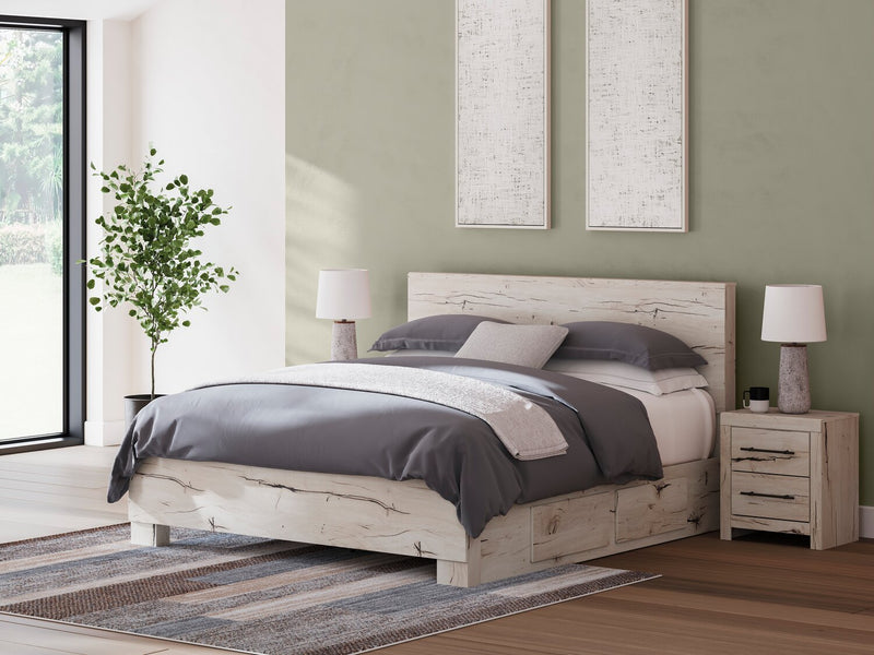 Derekson 6pc Bedroom Set with Side Storage Bed, Dresser, Mirror & Nightstand, Rustic White - King Size
