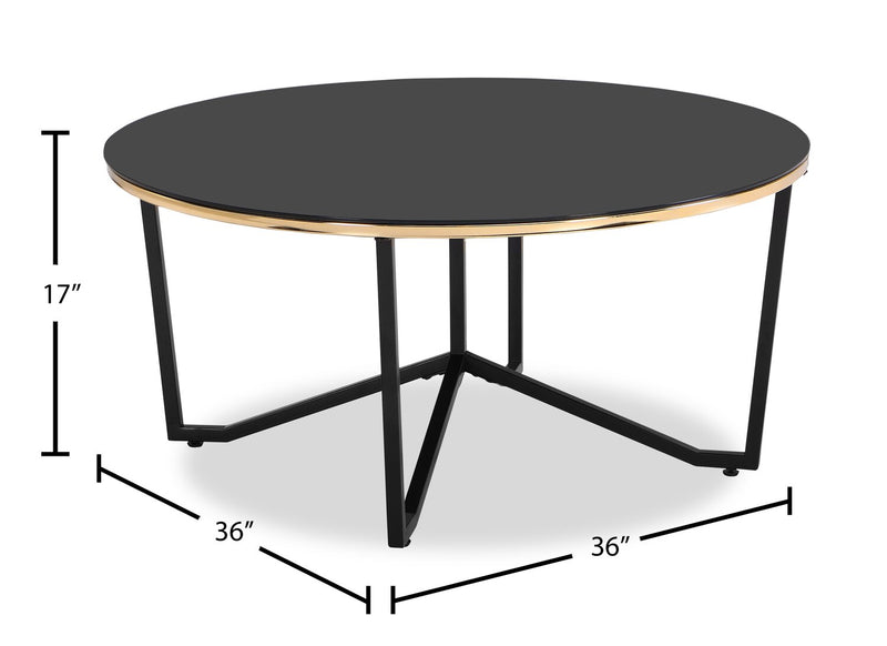 Xander 36\" Modern Round Glass Top Coffee Table - Black and Gold with Metal Legs