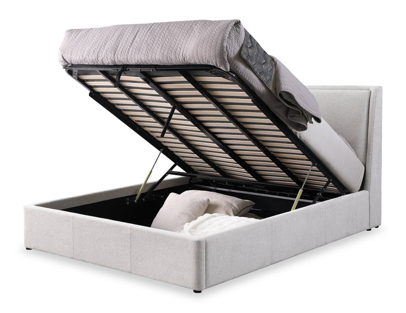 Nico Upholstered Storage Platform Bed in Polyester Taupe Fabric, Hyrdraulic Lift  - King Size