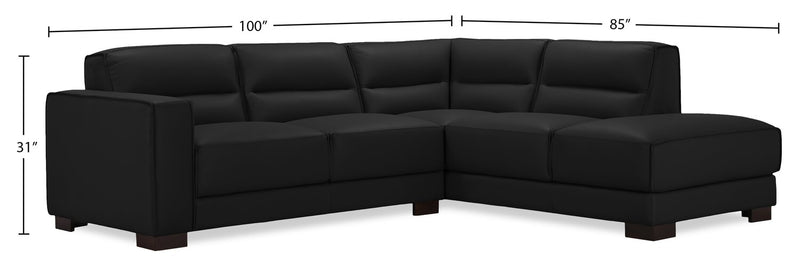 Citadel 2-Piece Right-Facing Top-Grain Genuine Leather Sectional with Wood Legs - Black