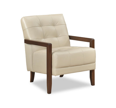 Enzo 26" Genuine Leather Accent Chair with Biscuit Tufting, Track Arms and Wood Legs - Beige | Fauteuil d’appoint Enzo de 26 po en cuir véritable avec capitonnage en biscuit, accoudoirs rectilignes et pattes en bois - beige