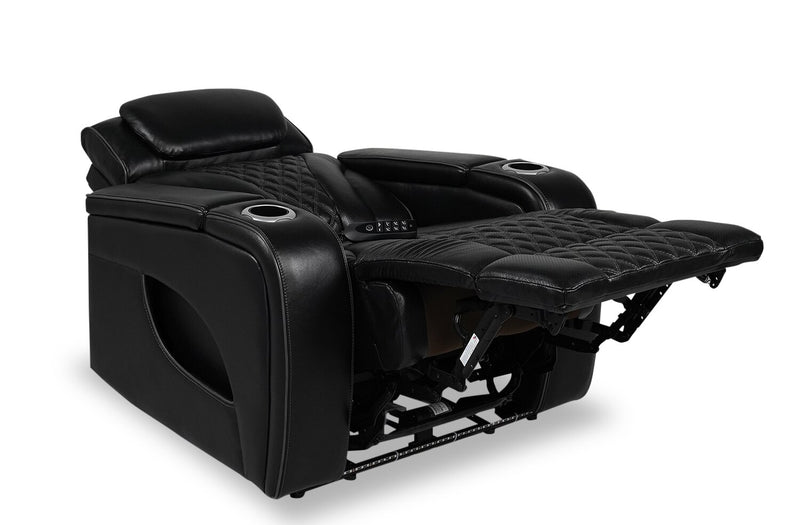 Elite 38\" Genuine Leather Massage Power Reclining Chair with Power Headrest and Storage Armrests - Black