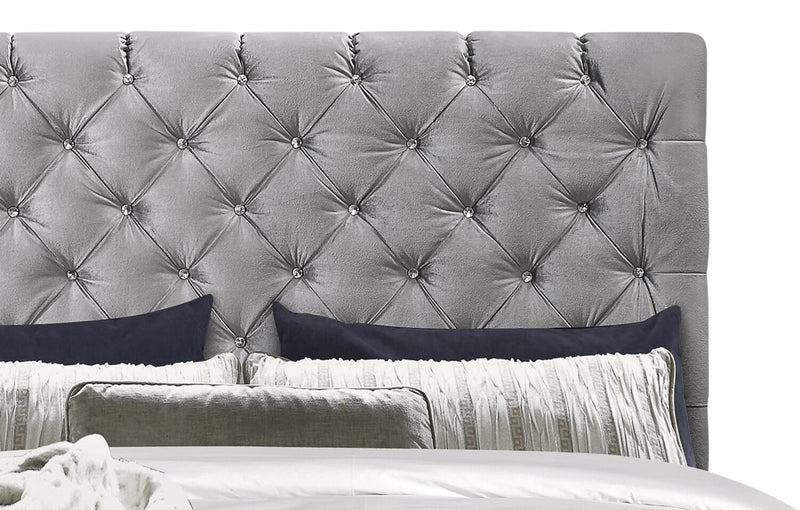 Candace Upholstered Bed in Velvet Grey Fabric, Button Tufted - Full Size