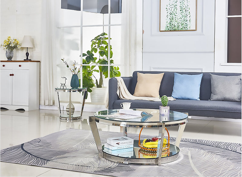 Yonge 22\" Modern Round Glass Top End Table with Shelf - Chrome Finish with Stainless Steel