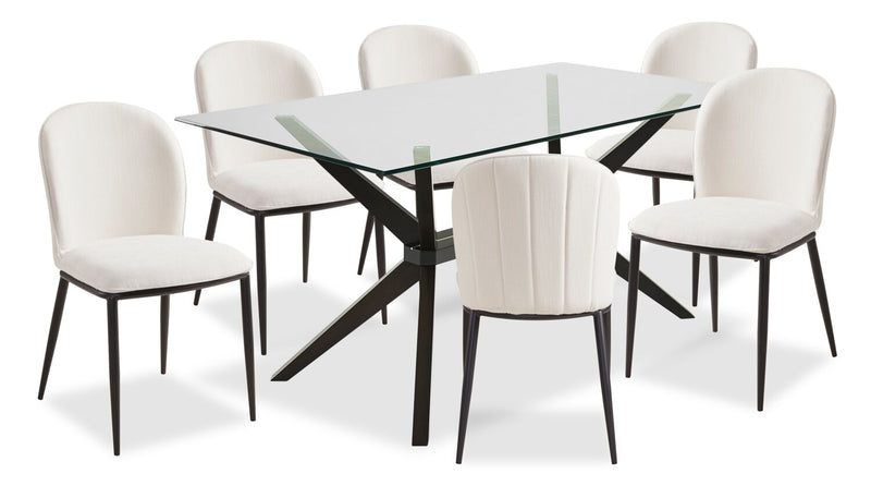 Ace 7pc Dining Set with Table & 6 Chairs, Glass Top, 63\"W - Brown & Ivory