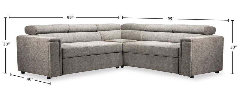 Savvy 3-Piece Linen-Look Fabric Sectional with Adjustable Headrests, Cupholders and USB Port - Grey