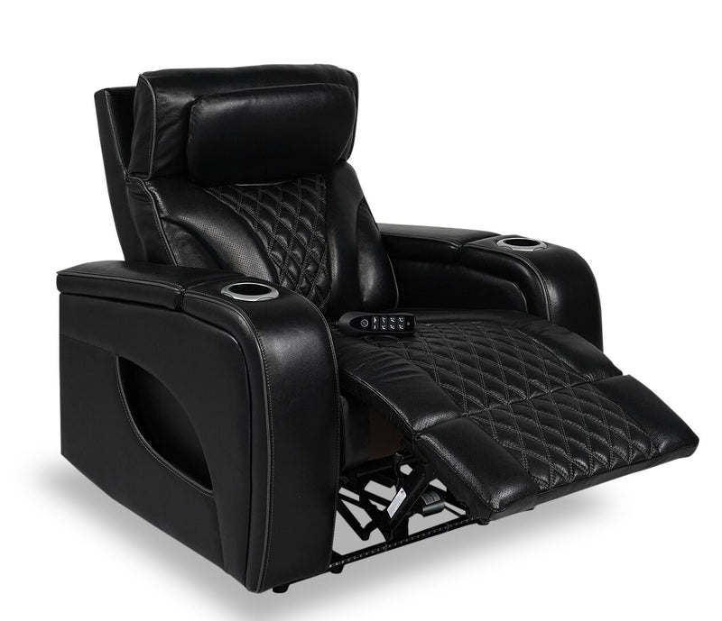 Elite 38\" Genuine Leather Massage Power Reclining Chair with Power Headrest and Storage Armrests - Black