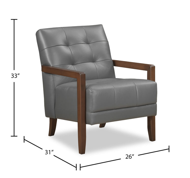 Enzo 26\" Genuine Leather Accent Chair with Biscuit Tufting, Track Arms and Wood Legs - Dark Grey