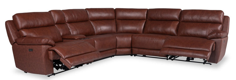Sorrento 6-Piece Genuine Leather Power Reclining Sectional with Storage Console and USB Port - Madrid Brick Brown