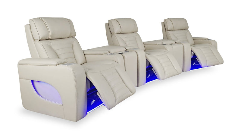 Zen 5-Piece Leather-Look Fabric Home Theatre Power Reclining Sectional with Massage and Two Storage Consoles - Apricot