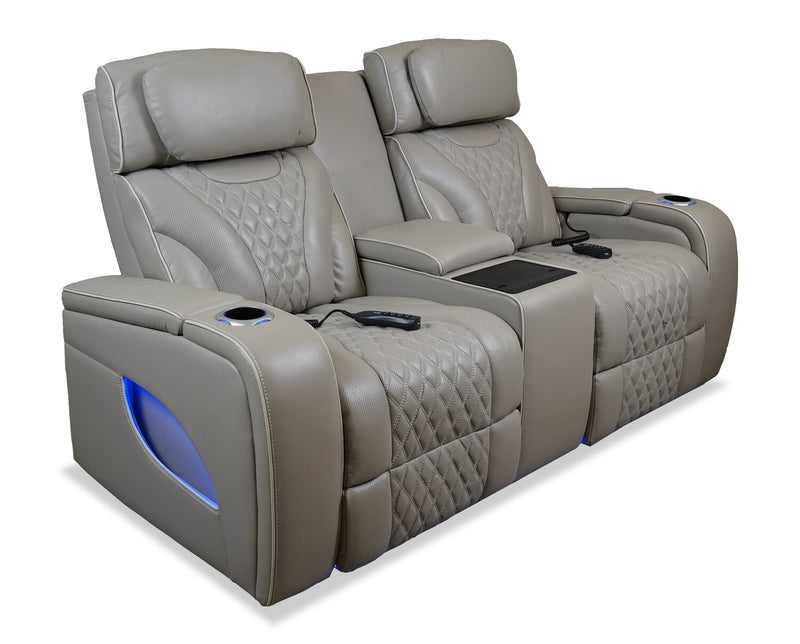 Elite 74\" Genuine Leather Massage Power Reclining Loveseat with Immersive Audio and Power Headrests - Putty