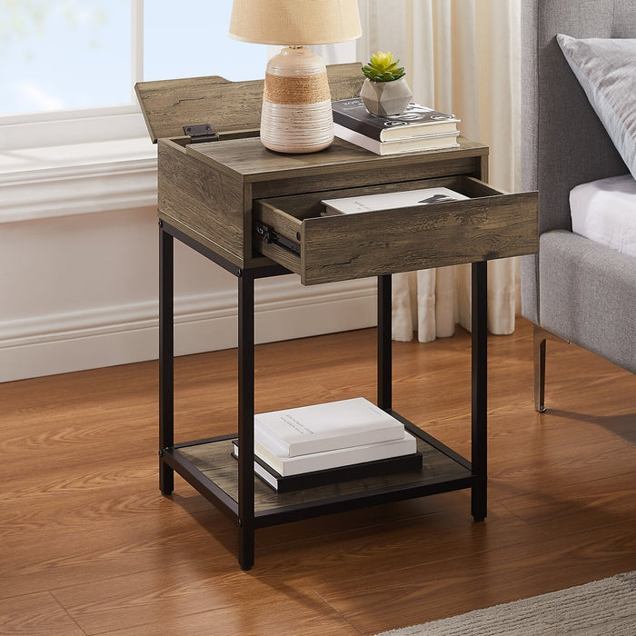 Akio Bedside 1-Drawer Nightstand with Lift-top Storage, 18\"W x 25.75\"H - Brown/Black