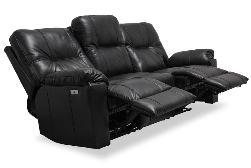 Made in Canada Dawson 87\" Genuine Leather Power Reclining Sofa with USB Port and Accent Pillows - Black