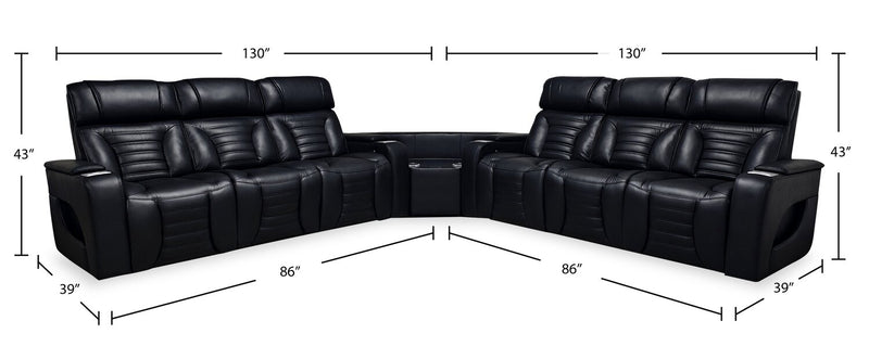 Zen 3-Piece Leather-Look Fabric Power Reclining Sectional with Massage and Two Drop-Down Consoles - Black
