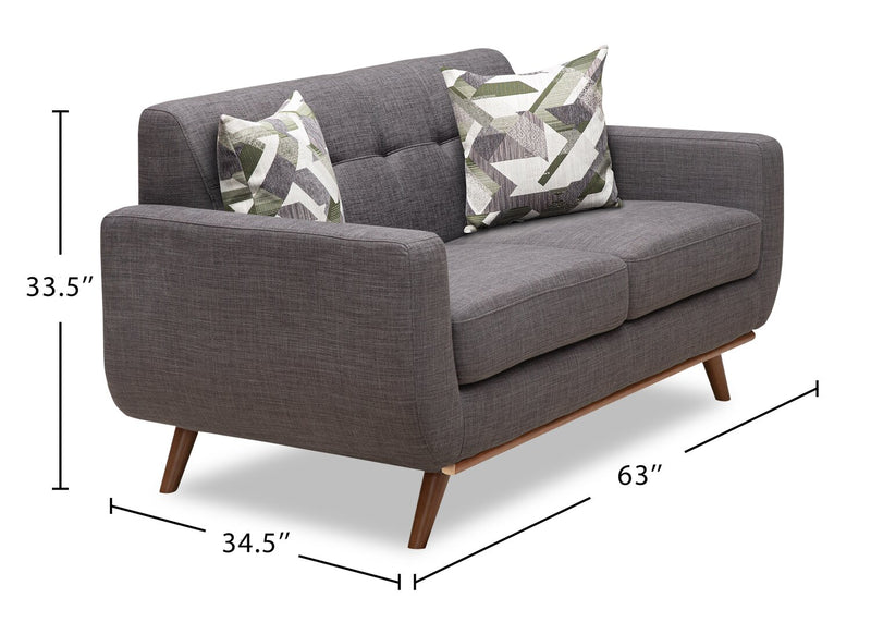 Kort & Co. Freeman 63\" Linen-Look Fabric Loveseat with Wood Legs and Tufted Back Cushions - Charcoal Grey
