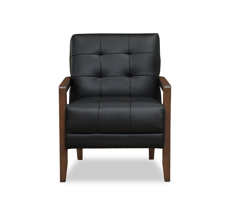 Enzo 26\" Genuine Leather Accent Chair with Biscuit Tufting, Track Arms and Wood Legs - Black