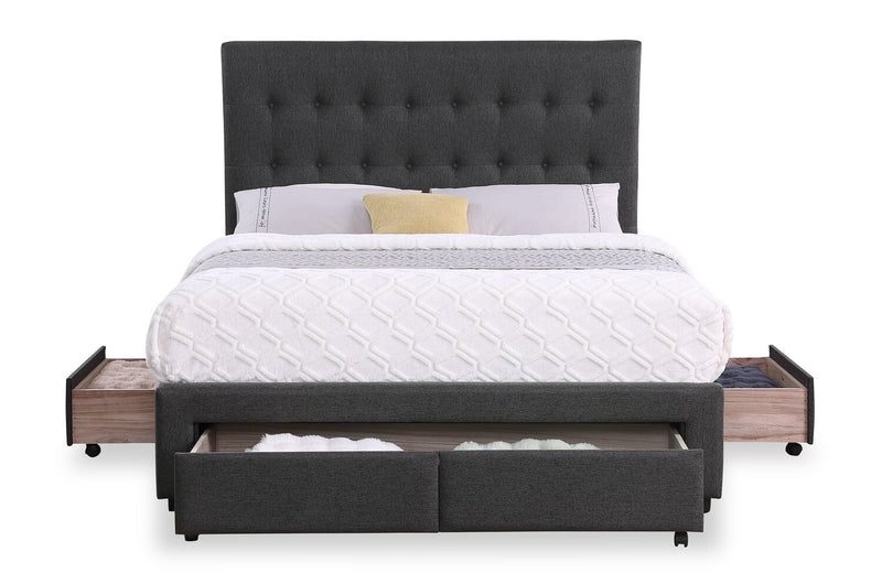Beck Upholstered Storage Bed in Dark Grey Fabric, Button Tufted - Queen Size